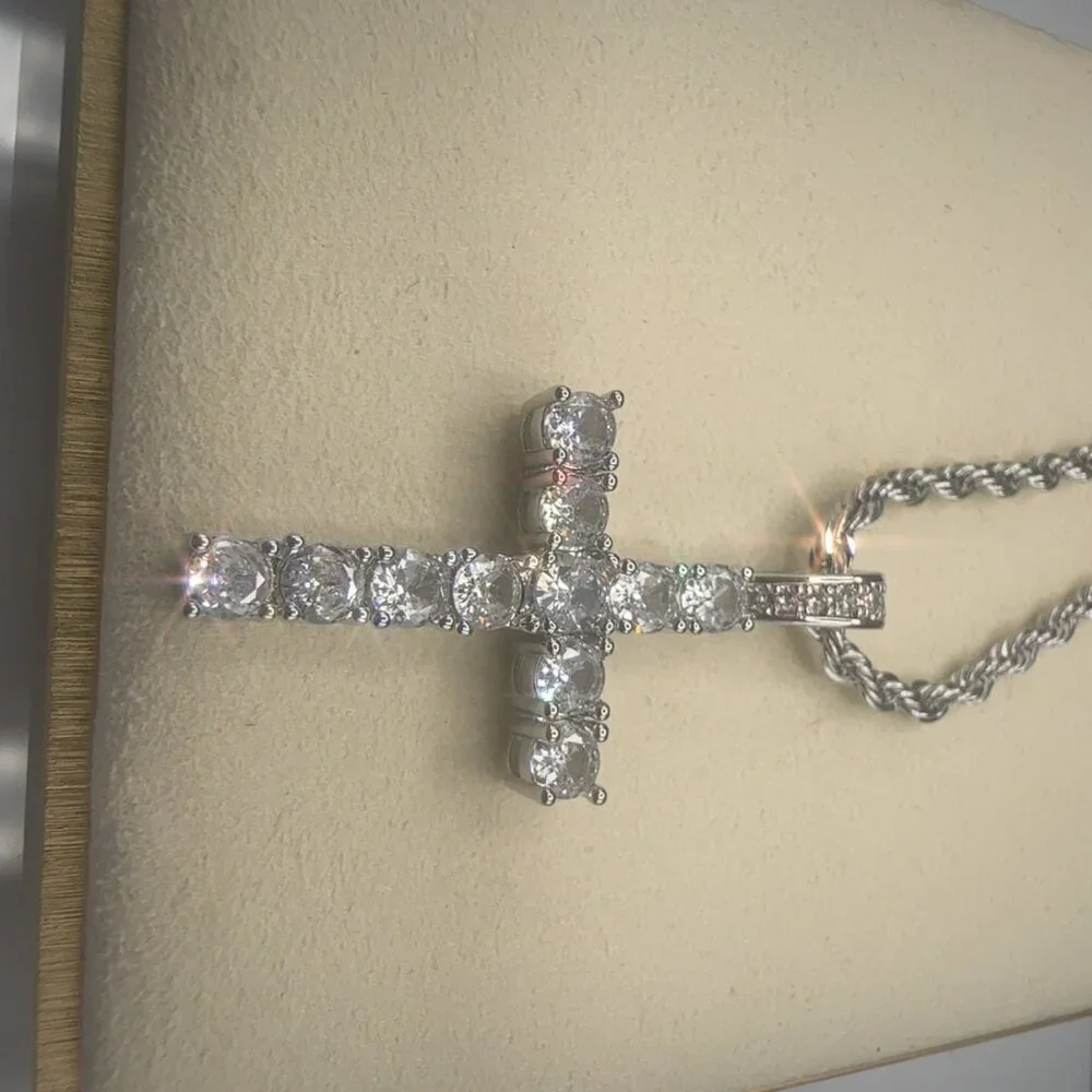 Cubic Zirconia Cross Pendant Necklace Stainless Steel Silver
